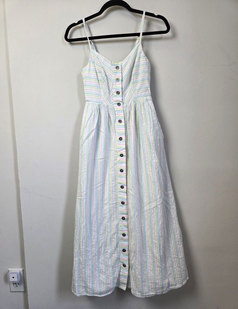 ModCloth Women's 2XS Striped Seersucker Midi Sundress V-Neck Button Front